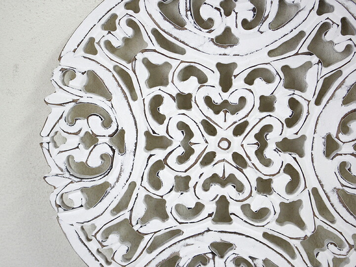 木彫り木製パネルラウンド直径30cm・アラベスクデザインレリーフ・ホワイト/woodcarvingarabesquedesignwhite