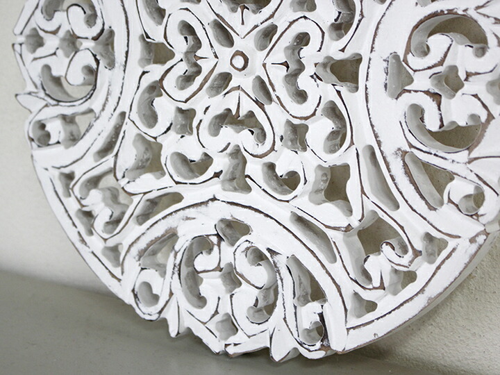 木彫り木製パネルラウンド直径30cm・アラベスクデザインレリーフ・ホワイト/woodcarvingarabesquedesignwhite