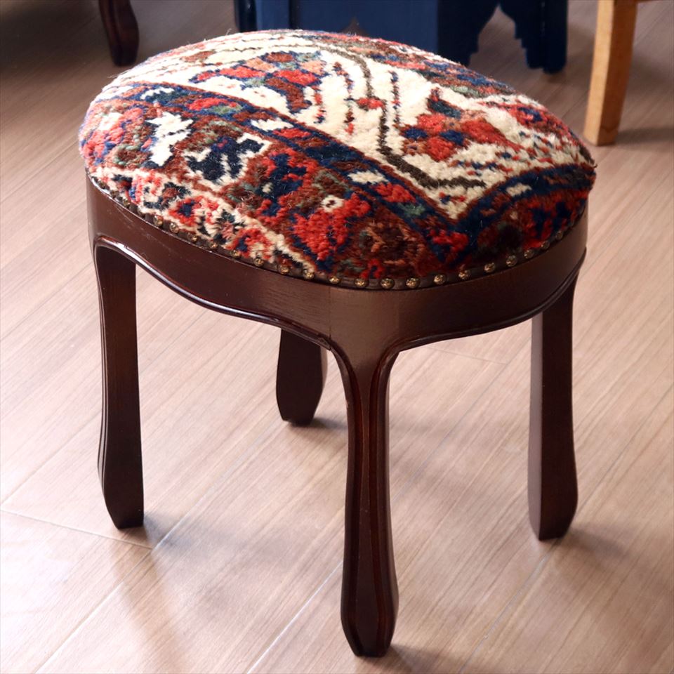 【15%OFFクーポン対象】アンティークラグ木製家具 H40×W31.5×D41.5cm スツール オットマン オーバル antique rug stool ottman oval