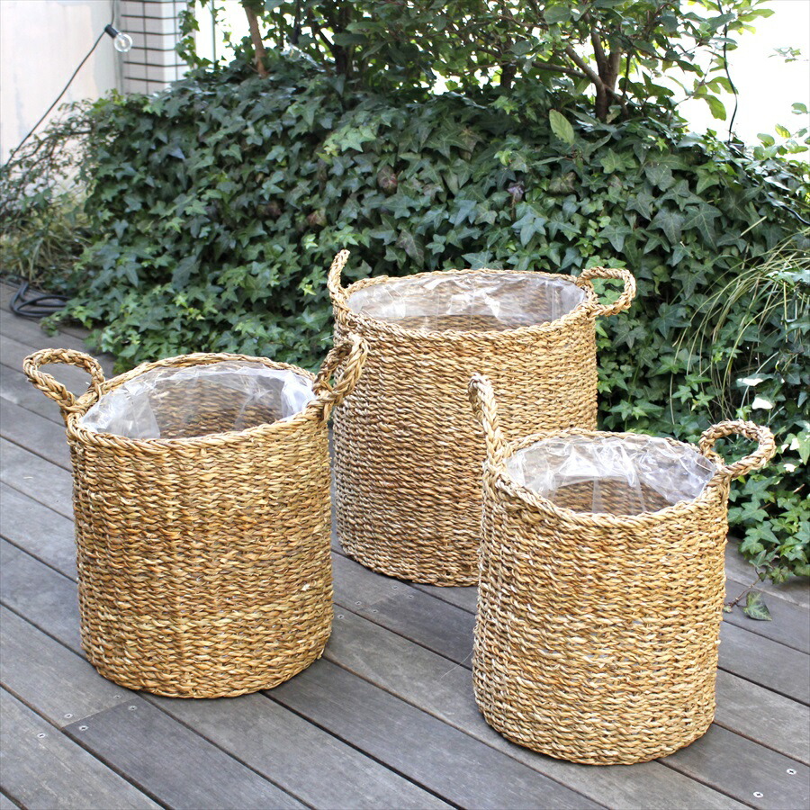公式店舗 持ち手付きシーグラスプランターカバー 3点セット 内側ビニール付き ナチュラル ポットカバー シーグラスバスケット 現金特価 Sicemingenieros Com