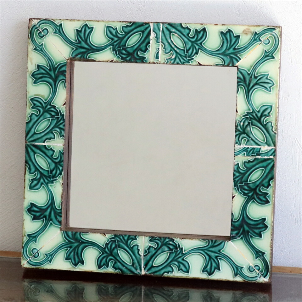 マジョリカタイルミラースクエア 30.5×30.5cm リーフデザイン majolica tile mirror