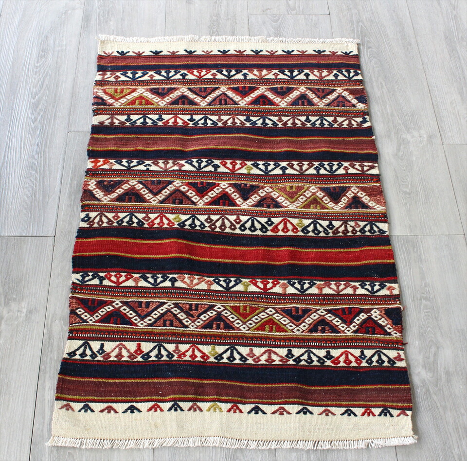 【15%OFFクーポン対象】オールドキリム ベルガマ　チュアル（収納袋）を開いたシンプルジジム94×56cm 赤と青のジグザグストライプ