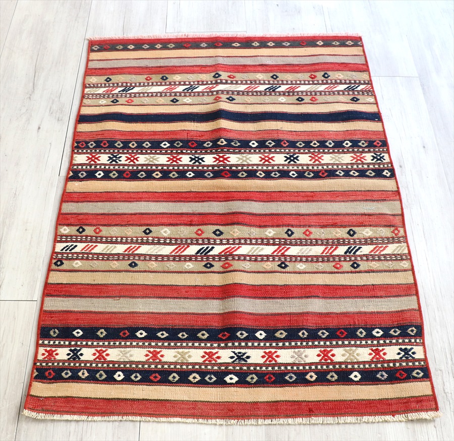 【15%OFFクーポン対象】オールドキリム コンヤ　ジーハンベイ　107×77cm カラフルなストライプに小さなジジム