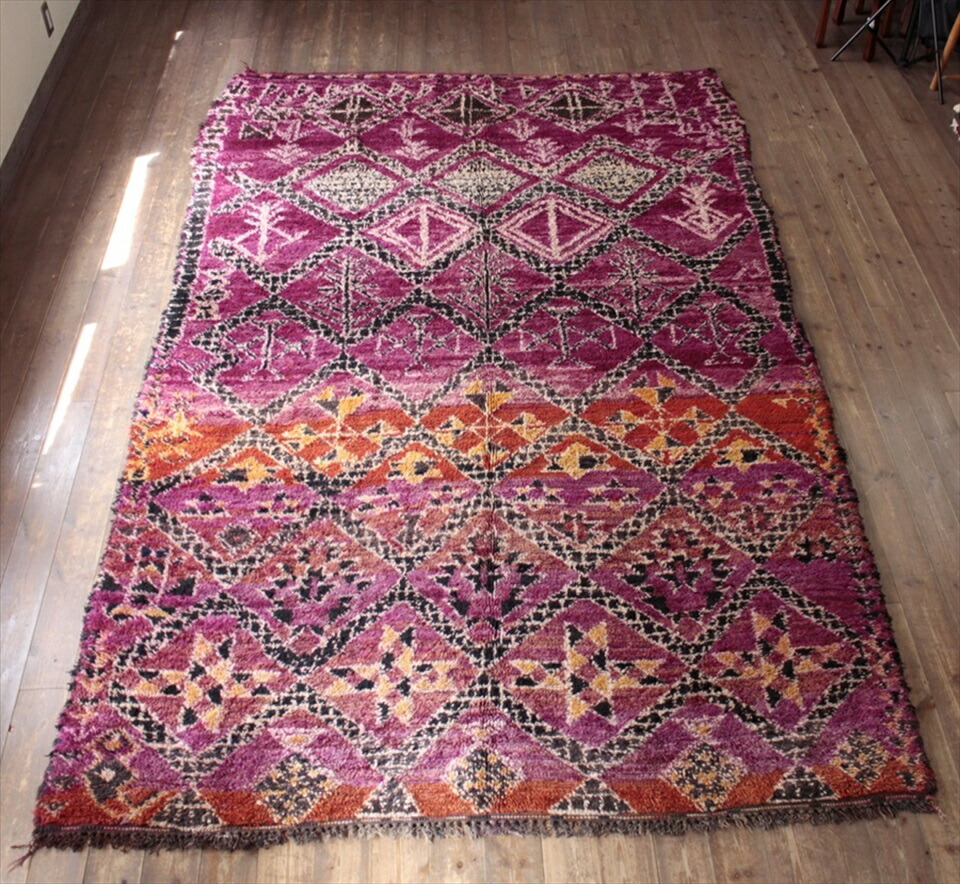 【15%OFFクーポン対象】モロッコ Morocco オールドカーペット・エリアラグ298×186cm Zaiane ゼアン赤紫のトレリス・星のモチーフ
