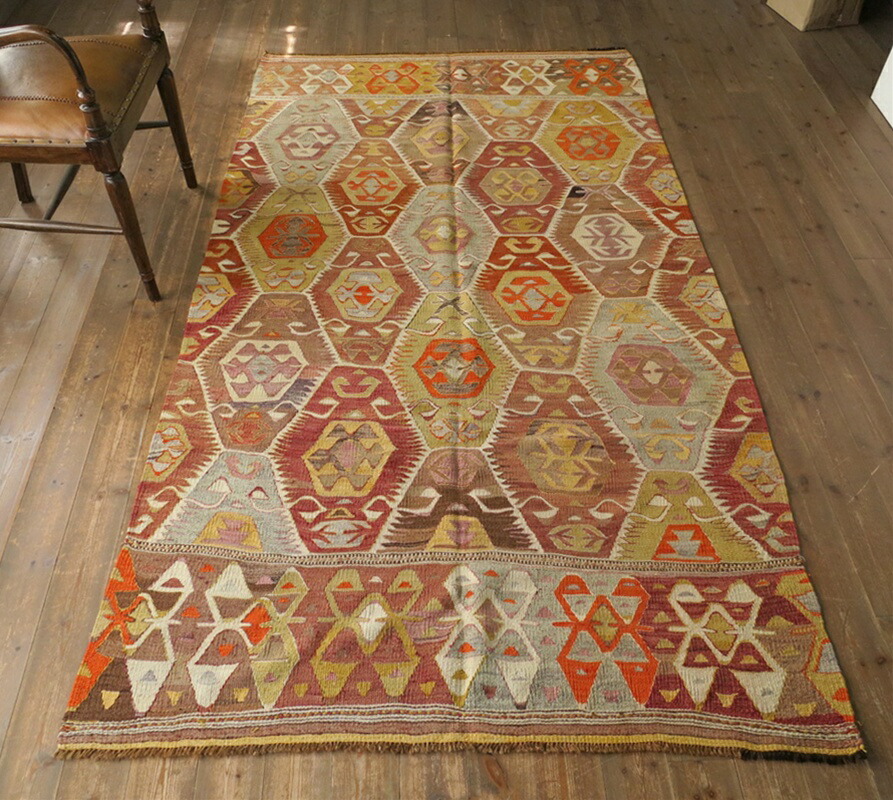 【15%OFFクーポン対象】オールドキリム アンタルヤバラック255×135cm 連なるエリベリンデモチーフ