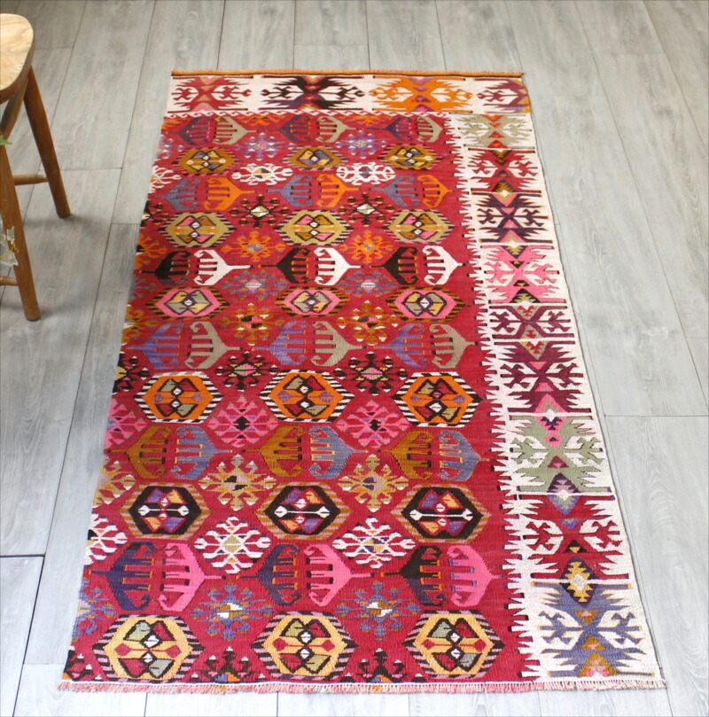 【15%OFFクーポン対象】オールドキリム アダナ　レイハンル　フラグメント195×85cm ビビット ピンク