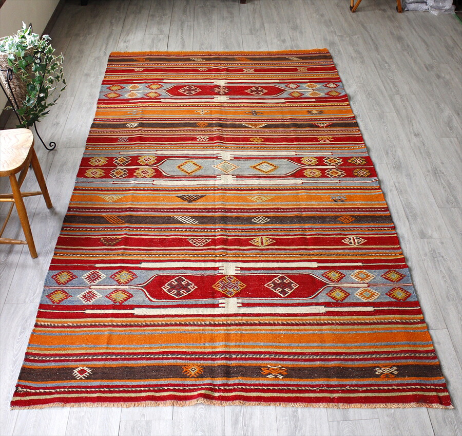 【15%OFFクーポン対象】オールドキリム シワス/ケッレサイズ299×160cm 麦の穂のあるボーダー