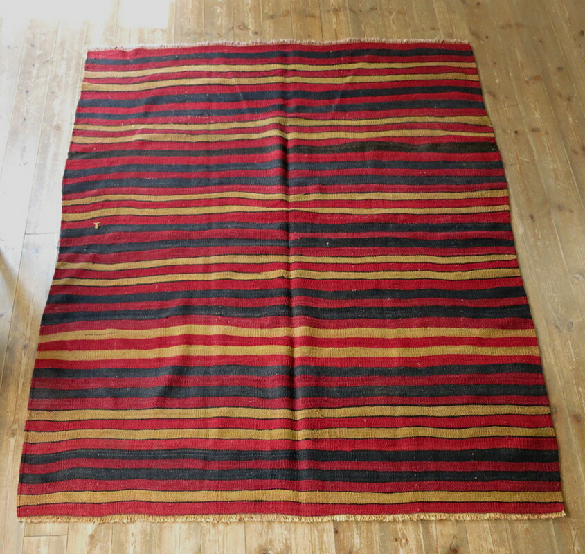 【15%OFFクーポン対象】オールドキリム コンヤ170×142cm ネイビー＆レッドのストライプ