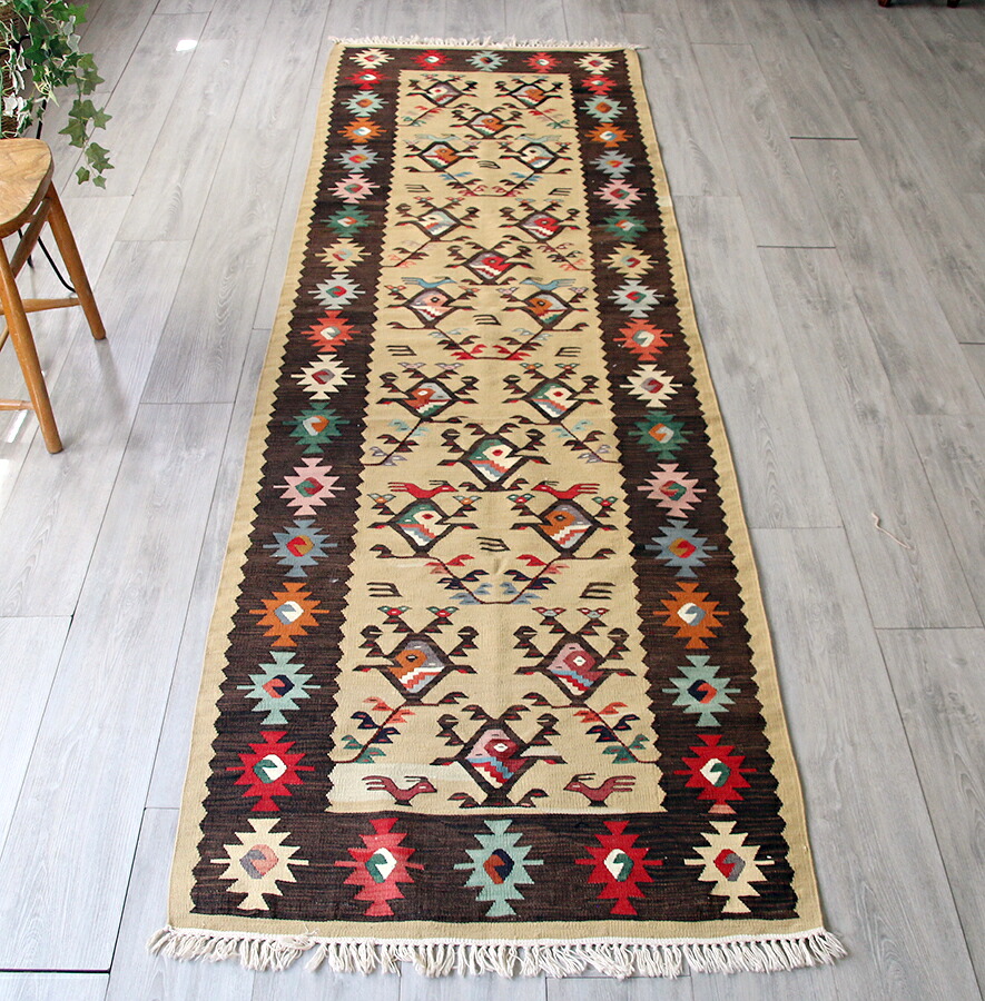 【15%OFFクーポン対象】オールドキリム シャルキョイ/細長いロングランナー298×90cm イエロー＆ダークブラウン 羽を休める鳥