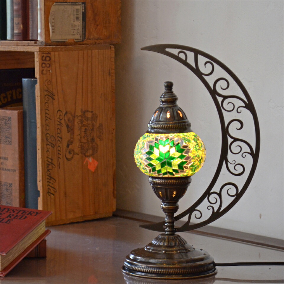トルコランプ モザイクランプ テーブルランプ クレッセントムーン 高さ33cm ガラス直径11cm グリーンフラワー E17 15w