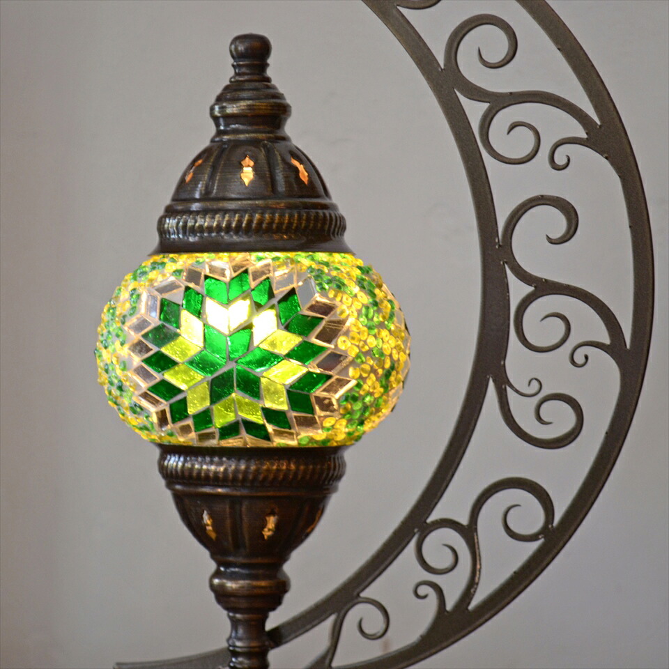 トルコランプ モザイクランプ テーブルランプ クレッセントムーン 高さ33cm ガラス直径11cm グリーンフラワー E17 15w