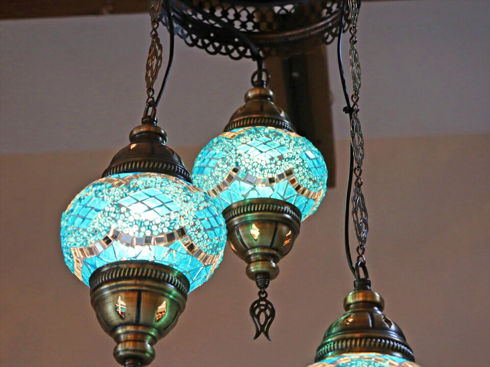市場 トルコモザイクランプシャンデリア ターコイズブルー 全長84cm 3灯 直径29cm