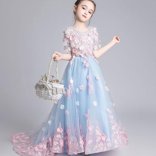 ドレス フィッシュテール ロングスカート 女の子 ブルー 大人っぽい ピアノ キッズドレス 発表会 子 ロングドレス ロング 誕生日