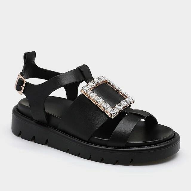 ボリュー ストラップ ビジューサンダル バックル 靴 厚底 ビジュー フットベッドサンダル サンダル フラット ビジュー ビジュー