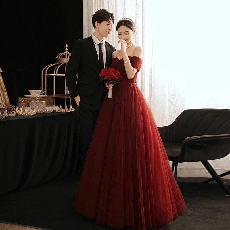 結婚式 着痩せ 高級感 花嫁 Aラインドレス シンプル 二次会 オフショルダー パーティードレス おしゃ ロングドレス ウエディング