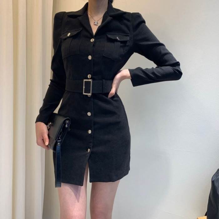 ハイウエスト セクシー 襟付き ワンピース かっこいい レディース スリム お出かけ 細身 秋 シャツワンピース 20代 オルチャン