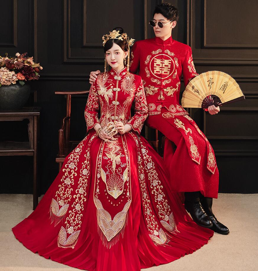 ウェディングドレス レディース チャイナ風 上下2点セット ドレス メンズ チャイナ服 ロ 中国風 結婚式 チャイナ服 長袖 前開き