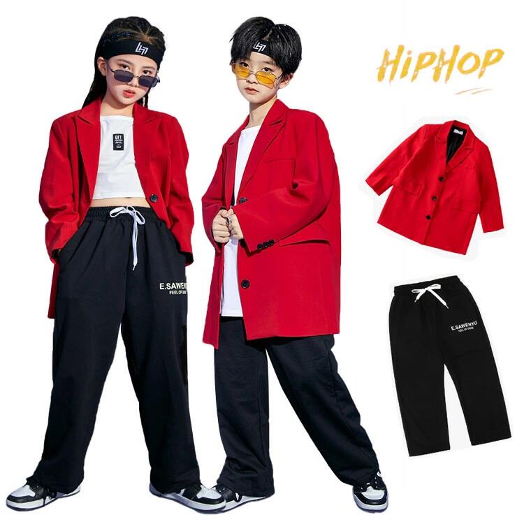 スーツ キッズダンス衣装 キッズ 韓国 黒 ヒップホップ セットアップ スーツ 発表会 練習着 赤 子供服 キッズ パンツ ジャケット