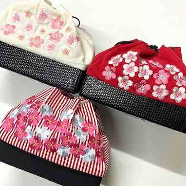 巾着　刺繍　卒業式　女性　レディース　袴　振袖　ちりめん　桜　かわいい　赤　白　赤白　縞　送料無料