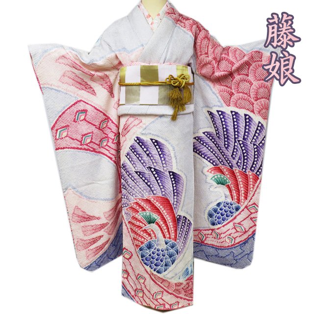 【 中古 】 振袖 襦袢 2点 セット リサイクル着物 きぬたや 藤娘 絞り染め 孔雀 赤系色 青系色 多色 身丈165cm 裄65cm L トール A1013-1 [ 和服 振袖 レンタルアップ アウトレット セール 販売 バーゲン 送料無料 きもの北條]
