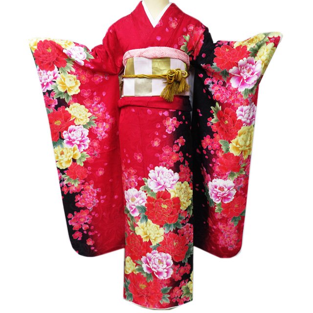 【 中古 】 振袖 襦袢 2点 セット リサイクル着物 花模様 牡丹 桜 地模様 銀通し 赤色 黒色 多色 身丈171cm 裄69cm L トール A1076-1 [和服 振袖 レンタルアップ アウトレット セール 販売 バーゲン 送料無料 きもの北條]