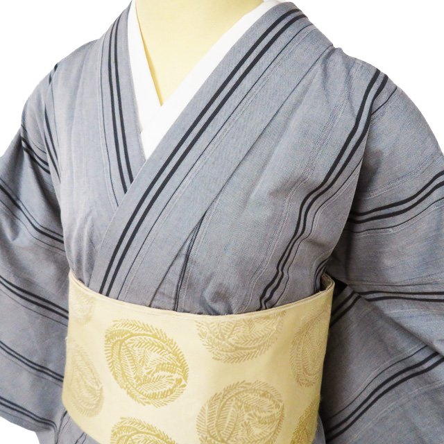 【 新品 】 播包 播州織 着物 木綿 単衣 カジュアル 縦縞模様 ヘリンボーン 灰色 身丈173cm 裄68cm L トール A1086-1 [和服 洗える着物 kimono 送料無料 きもの北條]