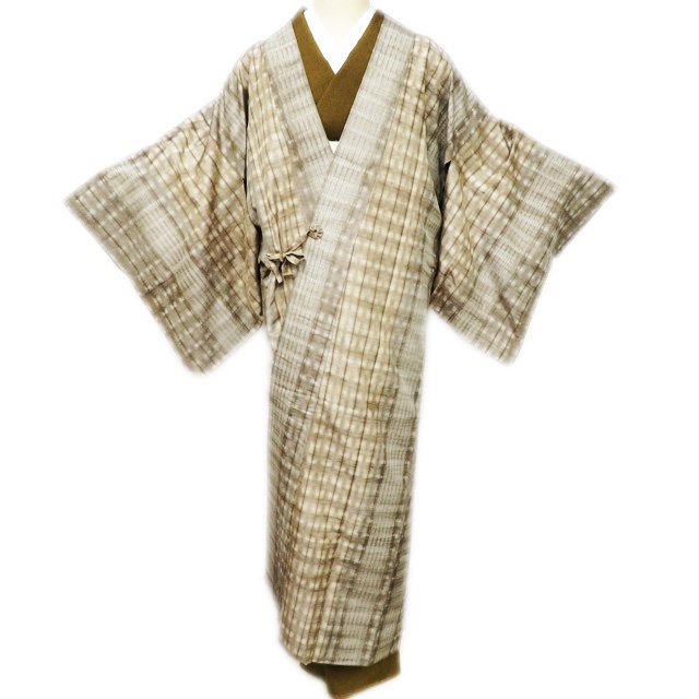 【 中古 】 コート 道中着 リサイクル着物 正絹 紬地 絞り染め 茶系色 多色 身丈133.5cm 裄64cm A1118-1 [和服 サイズ 和装コート 道中着 きもの kimono 防寒着 送料無料 きもの北條]