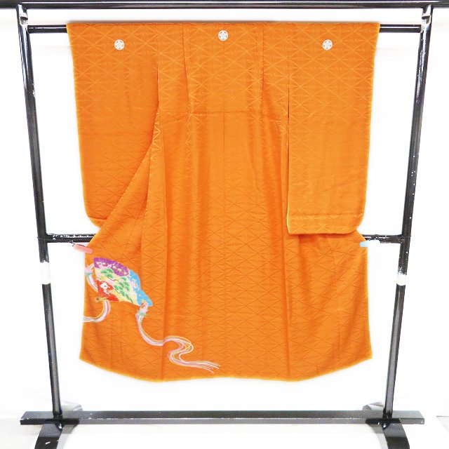 【 中古 】 七五三 本加工 7歳用 女の子 女児 リサイクル着物 帯 2点セット 正絹 地模様 向い鶴菱 扇子 松竹梅 橙色 多色 金 A1190-1 [七歳 七五三 着物セット 祝い着 フォーマル 和装 晴れ着 女児 きもの北條 送料無料] 14,045円