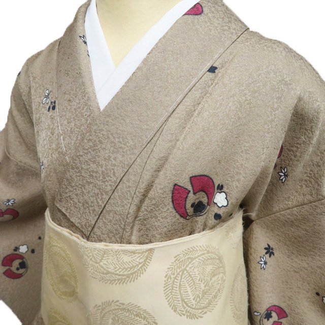 【 未使用 】 小紋 襦袢 2点セット 着物 正絹 カジュアル 植物模様 榛色 多色 身丈159.5cm 裄63cm M A1194-1 [式典 観劇 普段使い お食事 kimono アウトレット 送料無料 きもの北條]｜特選リサイクル着物　きもの北條