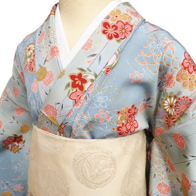 【 中古 】 小紋 リサイクル着物 正絹 単衣 カジュアル 花模様 籠目 暈し 水浅葱色 多色 金 身丈159cm 裄64.5cm Ｍ A1248-1 [和服 観劇 お食事 普段使い 街着 茶席 きもの kimono 送料無料 きもの北條]