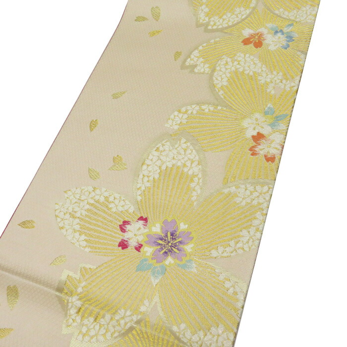 ＼ FINAL PRICE ／ 振袖用 桜 リサイクル 着物 成人式 結婚式 結納 パーティー 振袖 ベージュ 金 袋帯 A545-2 【 中古 】