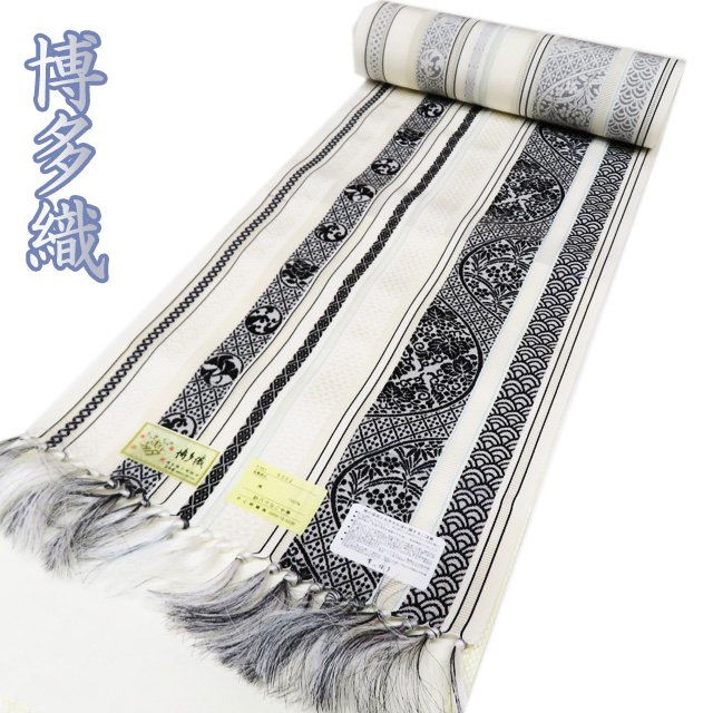 夏物 帯反物 新古品 リサイクル 正絹 紗 未仕立て 博多織 ラベル付き 青海波 白色 濃紺色 多色 A1060-2 [ 和服 反物 未仕立て 美品 アウトレット 買取 送料無料 きもの北條]