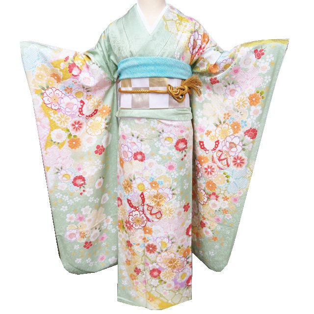 【 中古 】 振袖 リサイクル着物 正絹 金駒刺繍 花模様 桜 菊 地模様 銀通し 若緑色 多色 金 身丈175cm 裄75.5cm L トール A1184-2 [和服 振袖 レンタルアップ アウトレット セール 販売 バーゲン 送料無料 きもの北條]｜特選リサイクル着物　きもの北條