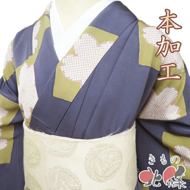【 中古 】 小紋 リサイクル着物 正絹 袷 カジュアル 本加工 桜に鹿の子模様 鈍色 黄橡色 金 身丈170cm 裄70cm L トール ワイド A1311-2 [観劇 お出かけ 街着 普段使い お食事 kimono 和服 送料無料 きもの北條]
