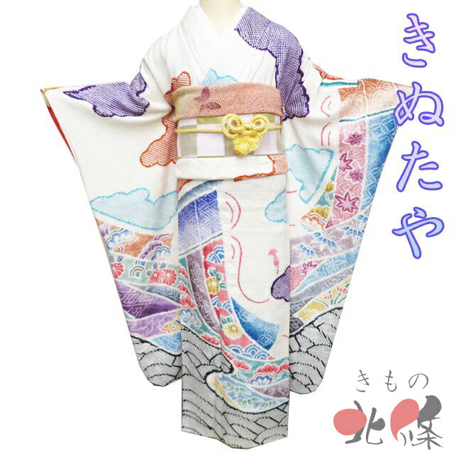 【 中古 】 特選 振袖 リサイクル着物 正絹 成人式 結婚式 結納 きぬたや 絞り オフホワイト 多色 身丈170.5cm 裄65cm L トール A1332-2 [和服 振袖 レンタルアップ アウトレット セール 販売 バーゲン 送料無料 きもの北條] 33,462円