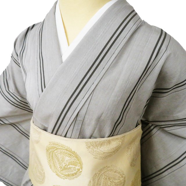 【 新品 】 播包 播州織 着物 木綿 単衣 カジュアル 縦縞模様 反端付き かなり薄い柴色 身丈167cm 裄68cm L トール A1086-3 [和服 洗える着物 kimono 送料無料 きもの北條]