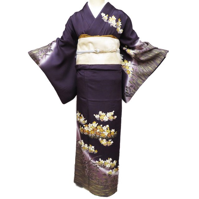 特選 訪問着 着物 中古 正絹 袷 フォーマル 刺繍 花の図 地模様 暈し 白茶色 多色 身丈160cm 裄65cm M ワイド きもの北條 A1134-6 特選 訪問着 着物 中古 正絹 袷 フォーマル 刺繍 花の図 地模様 暈し