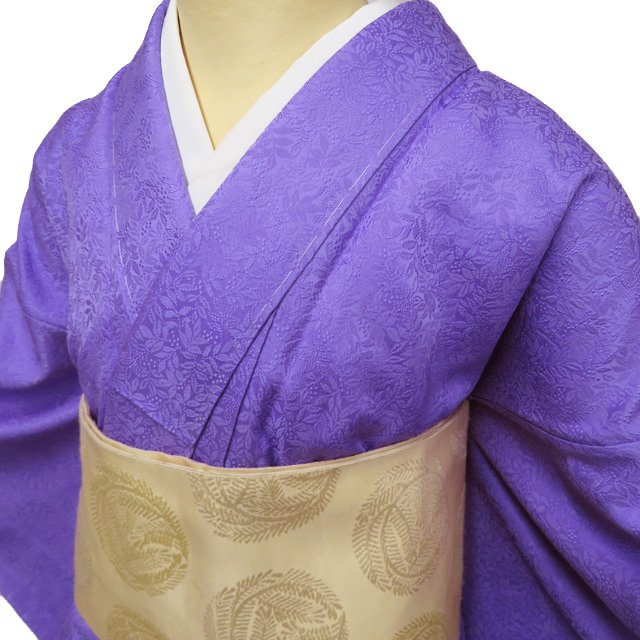 【 未使用 】 色無地 着物 正絹 袷 カジュアル 紋なし 地模様 南天模様 葵色 身丈170cm 裄67cm L トール A1146-3 [和服 お茶会 お茶席 茶道 アウトレット きもの kimono 送料無料 きもの北條]｜特選リサイクル着物　きもの北條