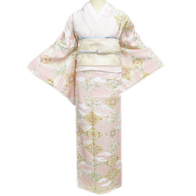 【 未使用 】 特選 訪問着 着物 金駒刺繍 吉澤の友禅 ラベル 花菱文 乙女色 照柿色 多色 金 身丈165.5cm 裄68cm L トール A1253-3 [入学式 卒業式 お宮参り 結婚式 母 利休忌 刺繍 和服 送料無料 きもの北條]