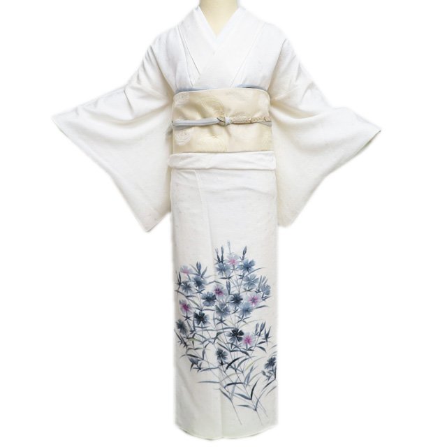 【 中古 】 付下げ 付け下げ 訪問着 リサイクル着物 袷 手描き 花の図 撫子 地模様 オフホワイト 多色 身丈157.5cm 裄63cm M A1265-3 [和服 入学式 卒業式 お茶会 お茶席 茶道 お宮参り 利休忌 送料無料 きもの北條]
