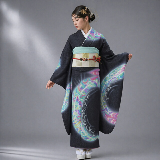 【 中古 】 特選 振袖 リサイクル着物 成人式 結婚式 正絹 円弧模様 ラインストーン 銀通し 黒色 多色 金銀 身丈166cm 裄71cm L トール A1360-3 [和服 振袖 レンタルアップ アウトレット セール 販売 バーゲン 送料無料 きもの北條]｜特選リサイクル着物　きもの北條