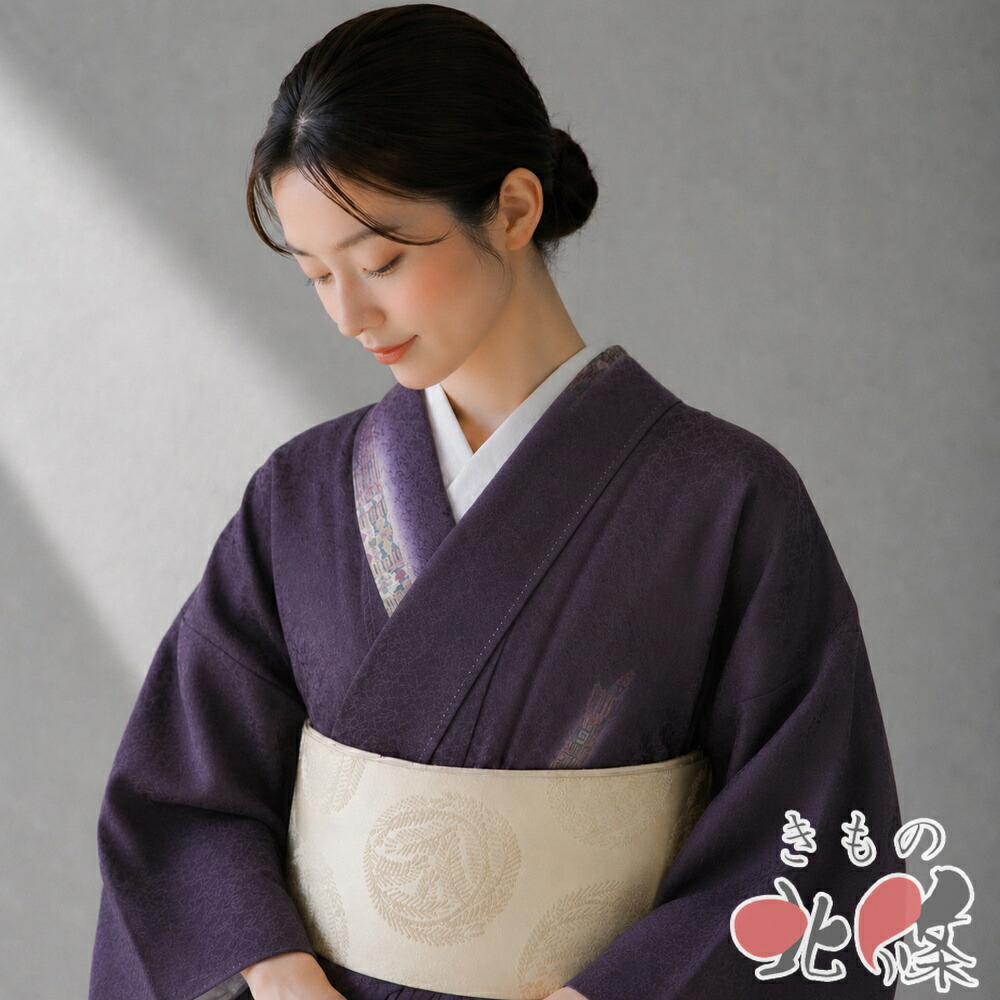 【 中古 】 小紋 リサイクル着物 正絹 袷 カジュアル 装飾文様 滅紫色 多色 身丈165.5cm 裄66.5cm L トール A1383-3 [観劇 お出かけ 街着 普段使い お食事 kimono 和服 送料無料 きもの北條]｜特選リサイクル着物　きもの北條