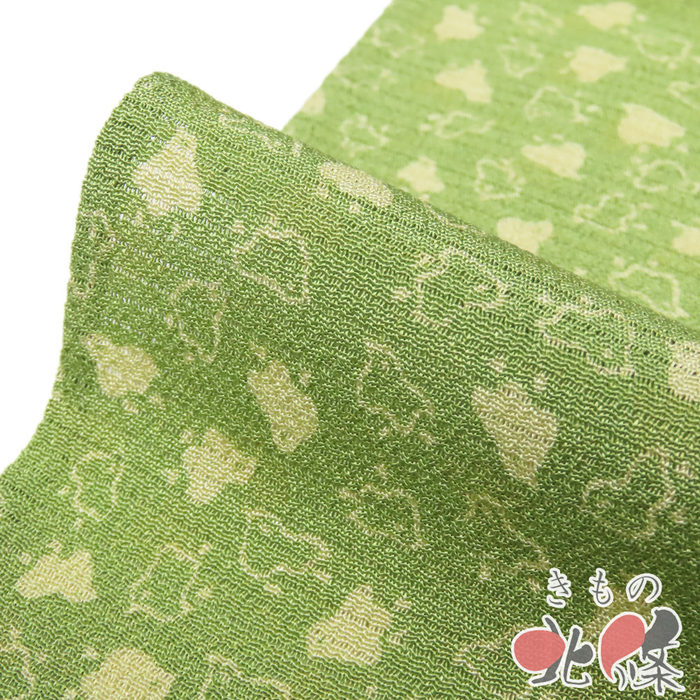 【 中古 】 夏物 夏着物 小紋 リサイクル着物 正絹 絽ちりめん カジュアル 紋付 千鳥模様 若苗色 若芽色 身丈158cm 裄65.5cm M A1391-3 [夏用 夏きもの 涼感 街着 観劇 お食事 茶席 送料無料 きもの北條]｜特選リサイクル着物　きもの北條