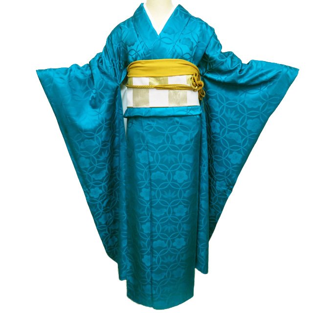 【 中古 】 振袖 リサイクル着物 正絹 地模様 松竹梅模様 浅葱色 身丈163cm 裄65.5cm L A1151-4 [和服 振袖 レンタルアップ アウトレット セール 販売 バーゲン 送料無料 きもの北條]｜特選リサイクル着物　きもの北條