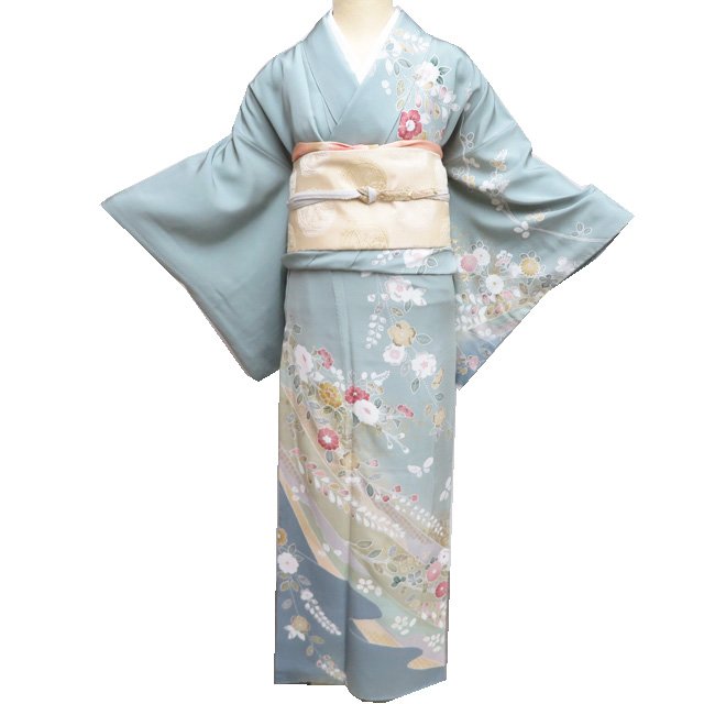 【 中古 】 訪問着 リサイクル着物 正絹 袷 フォーマル 花の図 反端付き 錆青磁色 多色 金 身丈160.5cm 裄64cm M A1206-4 [和服 入学式 卒業式 お茶会 お茶席 茶道 結婚式 お宮参り 利休忌 送料無料 きもの北條]