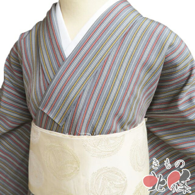 【 中古 】 小紋 リサイクル着物 正絹 袷 カジュアル 縦縞模様 ストライプ 鼠色 山吹茶色 真朱色 身丈154cm 裄67cm S A1316-4 [観劇 お出かけ 街着 普段使い お食事 kimono 和服 送料無料 きもの北條]