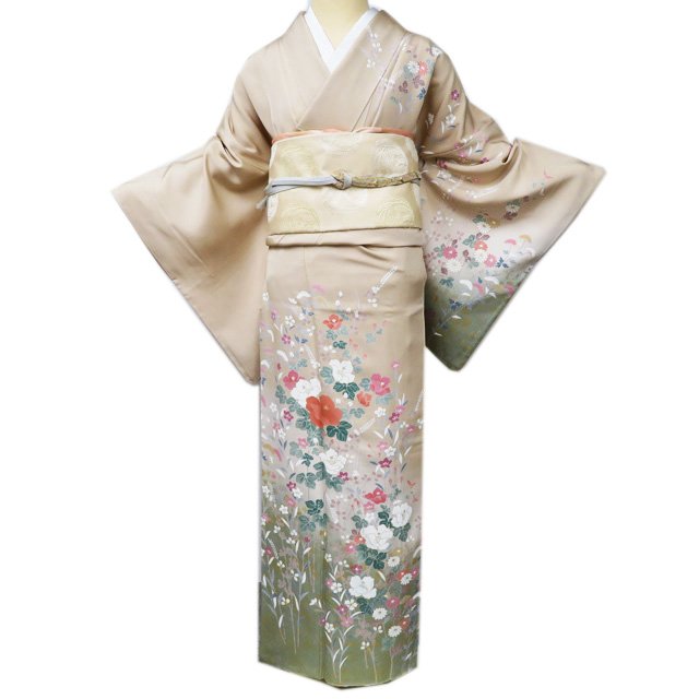 【 中古 】 訪問着 リサイクル着物 正絹 袷 フォーマル 花の図 秋草 淡い茅色 多色 身丈165cm 裄69cm L トール A1108-5 [和服 入学式 卒業式 お茶会 お茶席 茶道 結婚式 お宮参り 送料無料 きもの北條]｜特選リサイクル着物　きもの北條