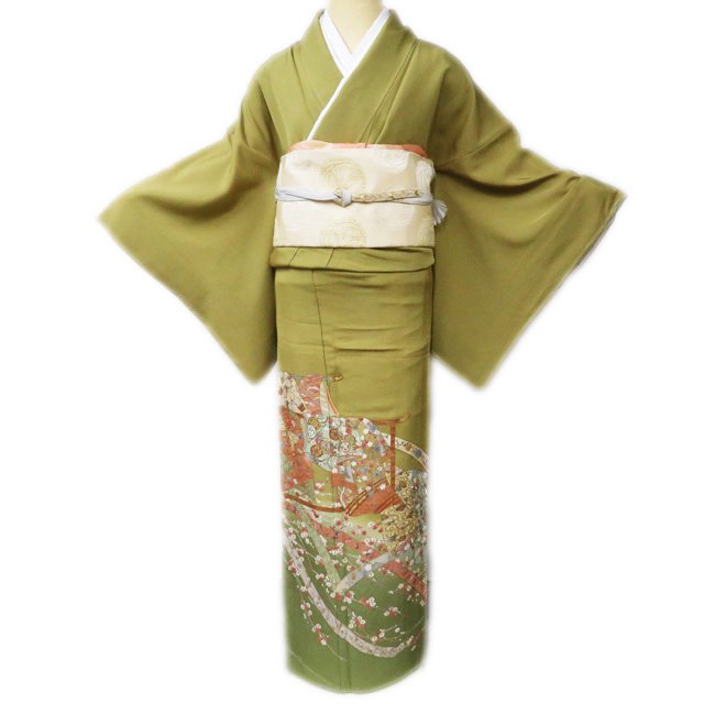 【 中古 】 色留袖 リサイクル着物 正絹 袷 紋付 一つ紋 汕頭刺繍 金駒刺繍 花の図 蔓帯 青朽葉色 多色 身丈162cm 裄66cm M A996-5 [ 和服 kimono アウトレット 結婚式 送料無料 きもの北條]｜特選リサイクル着物　きもの北條