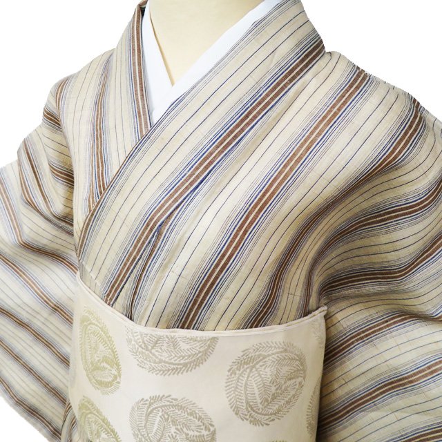 ＼ FINAL PRICE ／ 【 中古 】 特選 宮古上布 夏物 リサイクル着物 麻 カジュアル 縞模様 白茶色 多色 身丈161.5cm 裄64.5cm M A997-5 [ 和服 上布 涼しい 普段着 きもの 盛夏 夏 送料無料 きもの北條]