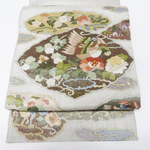 【 中古 】 夏物 夏帯 袋帯 リサイクル 正絹 フォーマル 仕立て上がり 六通 明綴れ 花鳥の図 銀通し A1245-5 [夏帯 夏袋帯 お茶会 お茶席 茶道 納涼会 夕涼み会 送料無料 きもの北條]